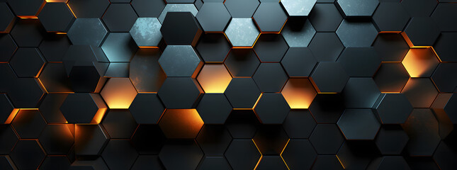 a black hexagonal wall with golden lights and gold hexagons, in the style of digital collage, light sky-blue and dark orange, textured canvases, steel, dark gray and dark bronze