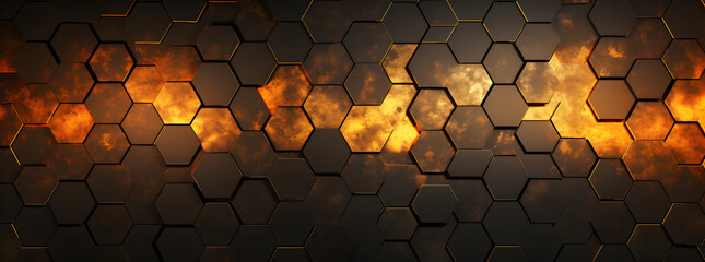 geometric abstract texture hexagonal wallpaper, in the style of light black and dark amber, rusty debris, lightbox, industrial design, shaped canvas, atmospheric clouds, neo-mosaic - obrazy, fototapety, plakaty