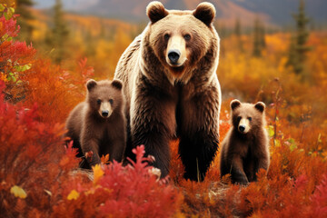 Mother bear and her cubs foraging for berries amidst a backdrop of autumn colors