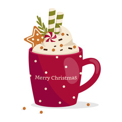 Christmas mug with hot drink. Whipped cream, chocolate chips, gingerbread cookies, wafer rolls, candy. Inscription Merry Christmas. Vector graphic.