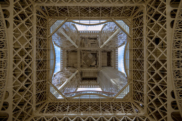 Paris, France - April 3 2019: Low angle view of Eiffel Tower in a sunset