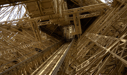 Paris, France - April 3 2019: Elevator of the Eiffel Tower in Paris