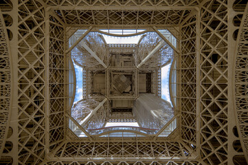 Paris, France - April 3 2019: Low angle view of Eiffel Tower in a sunset