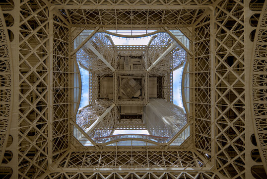 Paris, France - April 3 2019: Low angle view of Eiffel Tower in a sunset