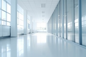 perspective view of modern hospital or clinic corridor interior. Conceptual of medical healthcare place for providing patient treatment. office background - obrazy, fototapety, plakaty