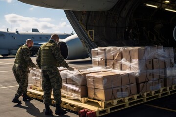 Packing military cargo at a military air base for shipment. The process of obtaining on a military base and redistributing ammunition and weapons for modern warfare.