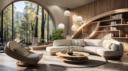 A round-shaped sofa and armchair near an ellipse wooden coffee table define the Japandi interior design of the modern living room