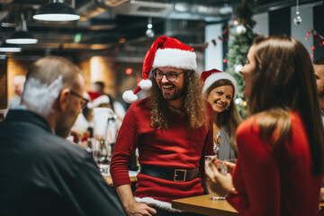 Office christmas party, people wearing santa hats and having fun