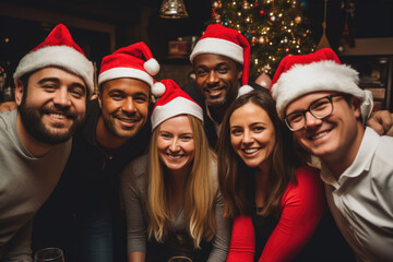 Office christmas party, people wearing santa hats and having fun