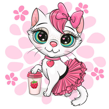 White Kitty in a pink skirt with a milkshake