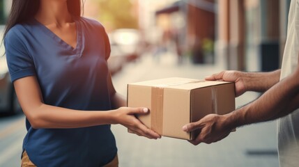 Woman receiving parcel box from delivery man at home