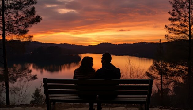 Photo of two people enjoying a beautiful sunset while sitting on a bench