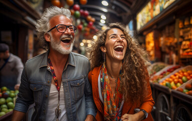 Obraz premium Man and woman with a happy expression, laughing with open mouths while shopping at a vegetable market