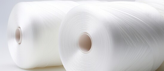 Recycled white PET chips and raw white polyester FDY yarn on white spools - obrazy, fototapety, plakaty
