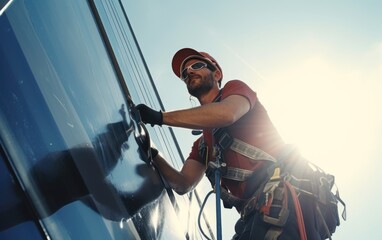 An industrial climber washing the windows of a skyscraper. Generative AI - obrazy, fototapety, plakaty