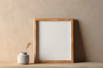 Blank white wall art mockup. One vertical frame with wooden border. Brown color wall