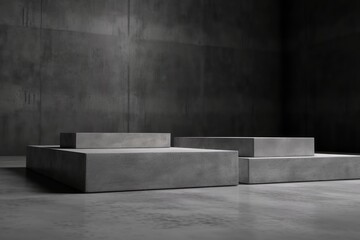 Three abstract concrete blocks in black and white