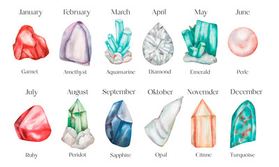 Zodiac signs and their gemstones on color background. Stones and minerals for each month.