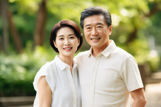 Happy smiling asian mature couple posing together