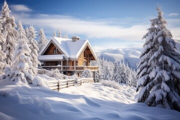 Fototapeta na wymiar cozy mountain chalet nestled in a pristine snow-covered landscape, offering a picturesque winter getaway - Generative AI