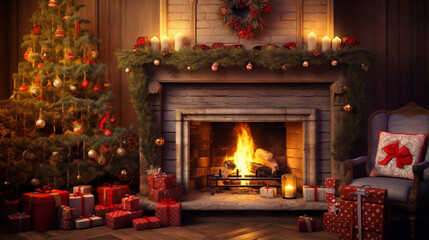 stockphoto, christmas evening, interior of decorated room and fireplace for the holiday. Cosy Christmas interior, view on a christmas fire place. Christmas decorations and a beautiful christmas tree.