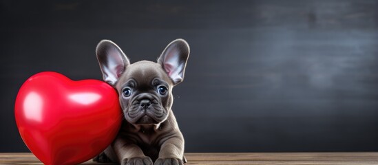 Valentine s Day French bulldog pup with a heart - obrazy, fototapety, plakaty