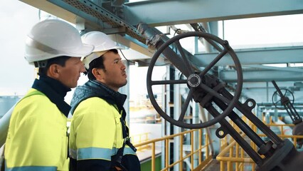 Asian male engineer supervisor rotating wheel checking rig industrial manufacture refinery oil plant