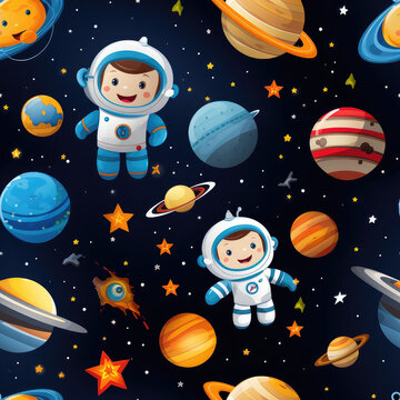 Astronaut in space cartoon seamless repeat pattern	