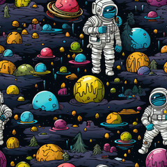 Astronaut in space cartoon seamless repeat pattern	