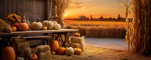 Country barn with haystacks, pumpkins, and a golden sunset - obrazy, fototapety, plakaty