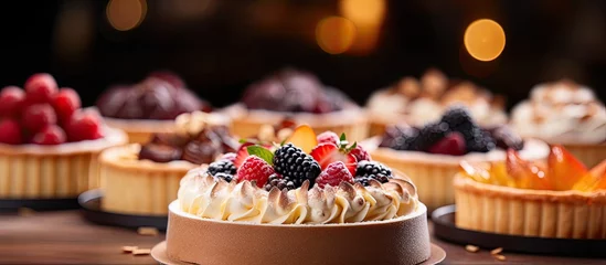 Gordijnen Pie bakery and pastry closeup with food product dessert of choice in upscale hospitality industry Baking in cafe with skilled baker or chef fresh and delicious cuisine for catering © AkuAku