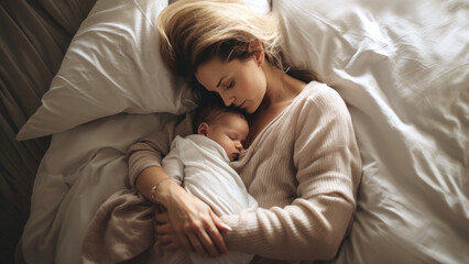 A mother with a newborn baby at home in a cozy bed, portraying a family idyll.
