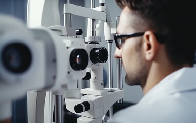 An oculist doing an eye exam in the ophthalmologist office. Generative AI