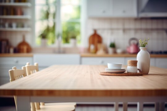 Table with free space for displaying your product and blurred kitchen background