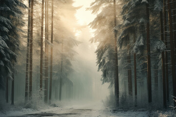 Fototapeta na wymiar Snowy forest landscape with towering pine trees and a soft winter haze