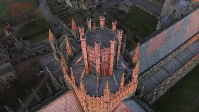 Aerial top down view Ely Cathedral in Cambridgeshire. Holy and undivided Trinity Anglican cathedral in UK. Famous travel visit destination