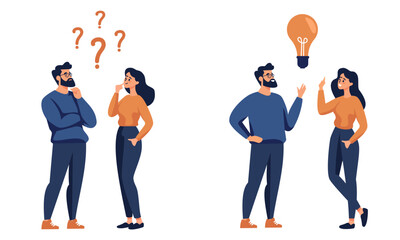 Flat vector illustration. A woman and a man are discussing issues, thinking about making a decision, coming up with an idea. The concept of finding the right solution and idea. Vector illustration - obrazy, fototapety, plakaty