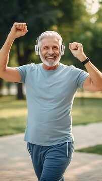 Positive active senior sportsman wearing wireless headphones stretching arms, warming up muscles before jogging or exercising outdoors.