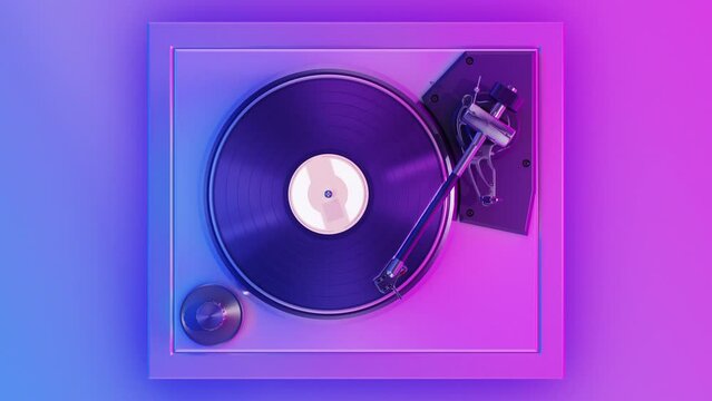 Abstract Vintage Vinyl Record Player in Disco Purple Blue Lights Turning Disk Seamless. Music Plate Rotating Looped 3d Animation. DJ Turntable Plate Party Concept Background 4k Ultra HD 3840x2160