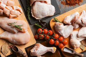 various parts of chicken cut up and ready for cooking - obrazy, fototapety, plakaty
