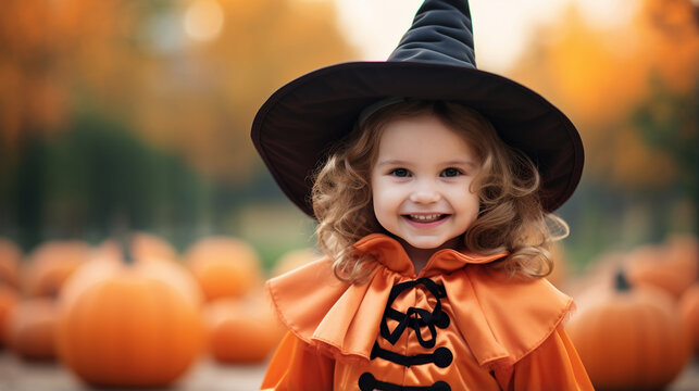 Little girl in a witch Halloween costume looking at the camera and smiling against the backdrop of pumpkins