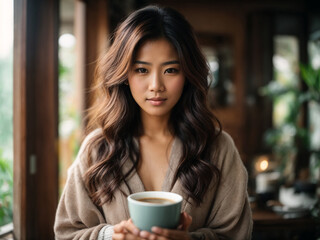Beautiful asia woman holding a cup of coffee in the morning, Young woman in a cozy house with hot drink. AI Generative