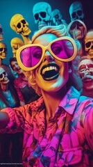 Influencer taking a group selfie at a party, bright colors, exaggerated facial expressions. Skulls and skeletons in the background. Terrifying and hyper-realistic photo.