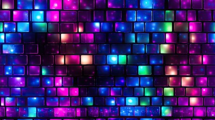 A vibrant and electrifying disco wall illuminated by neon LED spotlights, creating a dazzling and dynamic visual spectacle. SEAMLESS PATTERN. SEAMLESS WALLPAPER.