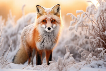 Fototapeta premium Red fox with its fur adapted to winter's white landscape