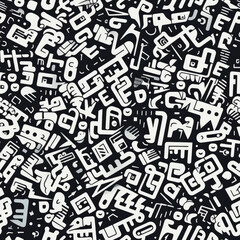 Black and white doodles graffiti funky repeat pattern
