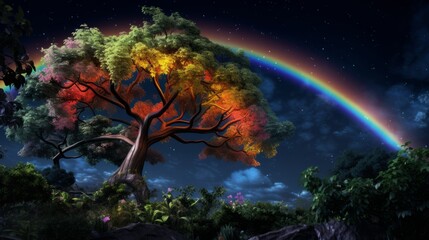 Illustration of a colorful tree with a vibrant rainbow in the background