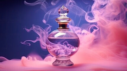 Obraz na płótnie Canvas Luxury glass or crystal perfume bottle with smoke waves background in pink purple theme
