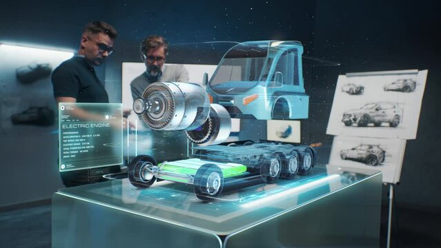 Two male automotive engineers develop new eco-friendly truck with electric engine using tablet computer and augmented reality hologram. 3D graphics of vehicle high-tech developing. VFX animation.