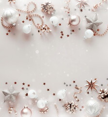 Christmas background template  top view with copy space pastel pink gold colors.Beautiful Xmas...